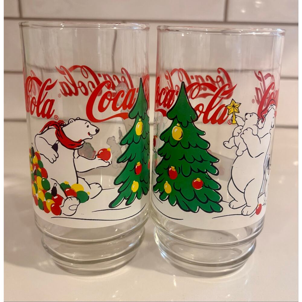 Pair of Vintage Coca Cola Coke Polar Bear Christmas Tree Glasses